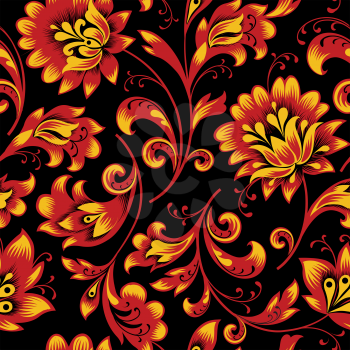 Floral seamless pattern. Flower silhouette ornament. Ornamental flourish background, russian native ethnic style