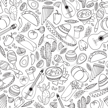 Mexican food and musical instruments icons seamless pattern. Traditional mexican culture icons background