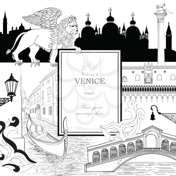 Venice city background with tourist landmarks, gondola and venetian carnival mask. Travel Italy wallpaper. 