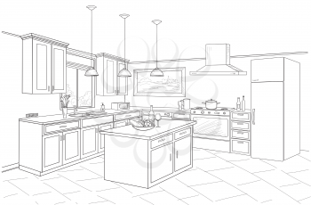 Interior sketch of kitchen room. Outline blueprint design of kitchen with modern furniture and island