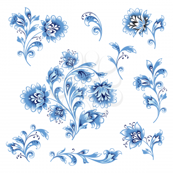 Floral pattern decor element set. Ornamental flower branch collection over white background. Russian folk ethnic floral ornament.