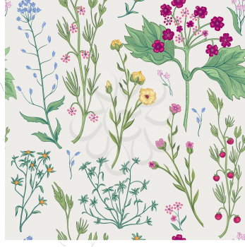 Floral seamless pattern. Nature vegetation background. Flourish wallpaper with berries and flowers.
