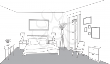 Bedroom furniture. Bed room view. Modern interior outline blueprint