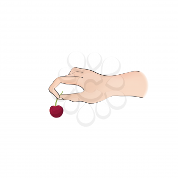 Cherry on top. Hand holding berry over white background. Cooking dessert sign. Bonus icon