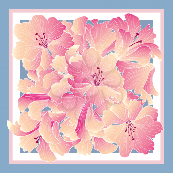 Floral pattern decor for silk tiussiue. Delicate color flower decor for square shape scarf. Batic technique flowering background