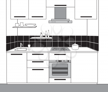 Interior sketch of kitchen room. Outline blueprint design of kitchen with modern furniture 