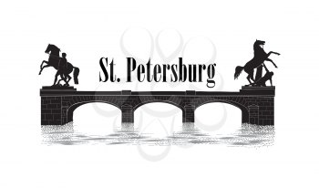 St. Petersburg city symbol, Russia. Anichov bridge landmark silhouette, Fontanka river view. Russian cityscape vector background. 