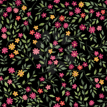 Floral seamless pattern with flowers and leaves over black background. Ornamental Floral decor design