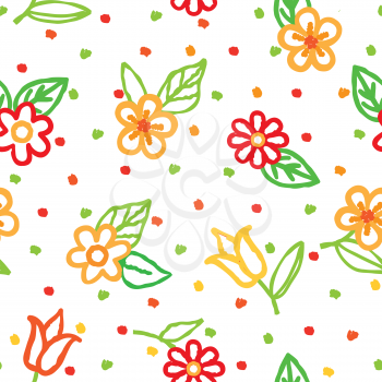 Floral seamless pattern with flowers and leaves over white background. Fabric ornamental summer background. Floral line art decor design