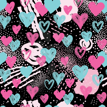 Love heart seamless pattern. Abstract stylish background with hearts in 1990s style. Holiday ornamental wallpaper.