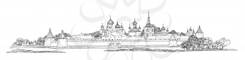 Russian famous landmark Solovki. Skyline view. Landscape of Solovki monastery.  Travel Russia background. Hand drawn sketch illustration.
