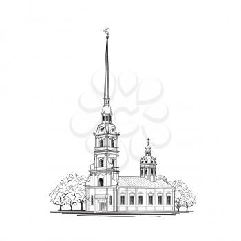 Saint-Petersburg city, Russia. Saint Peter and Paul Cathedral building sketch. Russian travel background.