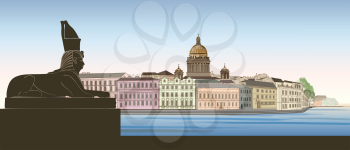 St. Petersburg city, Russia. Saint Isaac's cathedral skyline with Egyptian Sphinx monument landmark silhouette, Neva river view. Russian cityscape background.