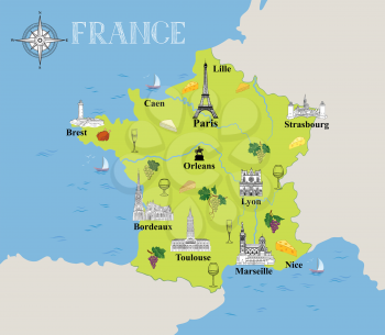 Touristic map of France. Travel background with marked french gastronomic destinations and architectural landmarks icons in hand drawn retro style