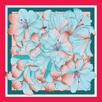 Floral pattern decor for silk tiussiue. Delicate color flower decor for square shape scarf. Batic technique flowering background
