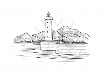 Lighthouse seaside view. Hand drawn seascape with beacon. Landscape sketch with lighthouse tower, sea and mountains