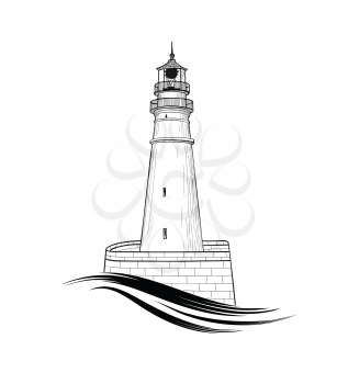 Lighthouse logo. Hand drawn sketch symbol of lighthouse with sea waves. Nautical label design