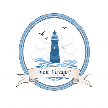 Lighthouse logo. Nautical icon with lighthouse, ocean waves, gull birds. Travel voyage card design