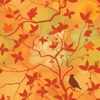Fall leaves floral seamless pattern. Autumn forest background with bird on branch