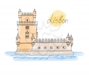 Lisbon Tower landmark. Visit  Portugal card. Travel sign
