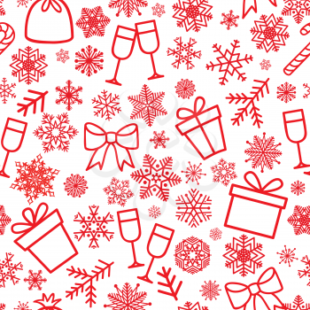 Christmas icons seamless pattern, Happy Winter Holiday tile background with New Year Tree, Snow and Stars. Doodle outline ornamental design elements.