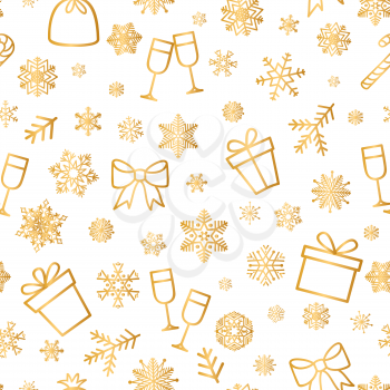 Christmas icons seamless pattern, Happy Winter Holiday tile background with New Year Tree, Snow and Stars. Doodle outline ornamental design elements.