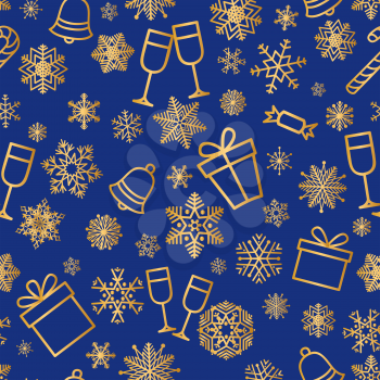 Christmas icons seamless pattern, Happy Winter Holiday tile background. Doodle outline ornamental Nature Decor elements.