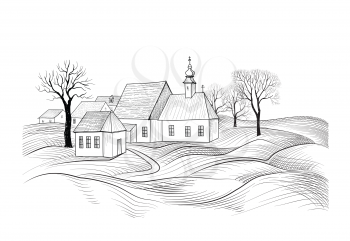 Sketch of house architecture. Country side skyline with perspective of exterior house