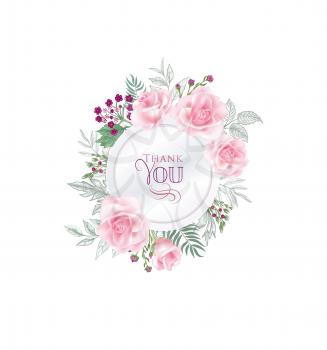 Floral greeting card. Flower rose frame over white background. Floral design for invitation, wedding, birthday.