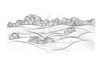 Rural landscape. Countryside nature skyline background. Doodle hand drawn line art sketch