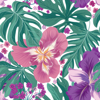 Tropcal flowers and palm leaves seamless pattern. Beautiful floral background. Summer nature wallpaper.