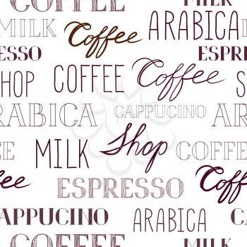 Coffee seamless pattern. Coffee shop backdrop with lettering COFFEE, CAPPUCINO, SHOP, ESPRESSO