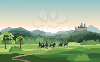 Castle, carriage, knight over Mountains Landscape. Medieval rural nature background. Hills skyline