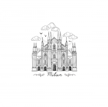 Milan landmark symbol. Travel Italy city icon. Hand drawn sketch. Duomo cathedral in Milan
