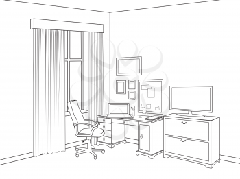 Interior sketch of home office room. Outline furniture design of cabinet room. Project view