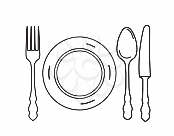 Cutlery set. Plate, fork, knife, spoon icon design elements. Line art eating symbol set. 