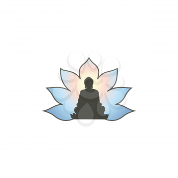 Buddha in meditation silhouette with Lotus flower background.