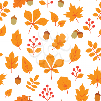 Autumn leaves seamless pattern. Fall leaf and berries. Floral nature icons over white background.