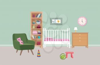 Bedroom interior background. Baby bed-room colored art. Kid room furniture design.