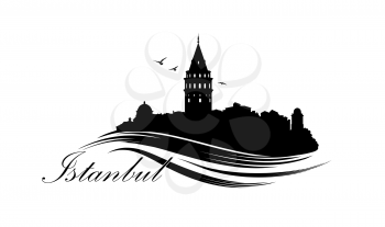 Istanbul city skyline with famous turkish travel landmark. Tourist icon of Istanbul city. Cityscape silhouette. Architectural sign with lettering Istnabul.