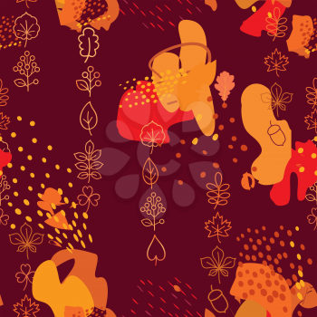 Autumn leaves seamless pattern. Leaf icon set in ornamental tile background. Fall nature backdrop in eastern style.