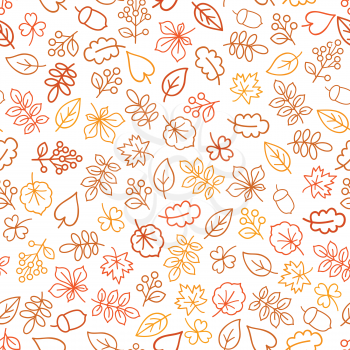 Autumn leaves seamless pattern. Leaf icon set in ornamental tile background. Fall nature backdrop in line art style.