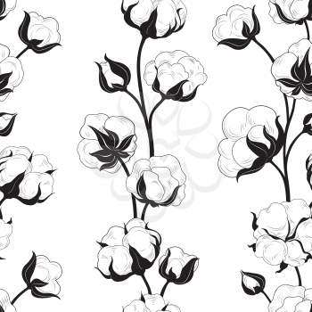 Seamless pattern with cotton bolls and branch. Cotton flowers and balls floral tile backdrop