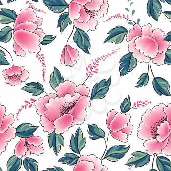 Floral seamless pattern. Flowers with leaves ornamental background. Flourish nature garden texture