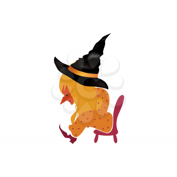 Liitle witch sitting on a small chair tyed after a good holiday. Halloween character design element for autumn greeting card 