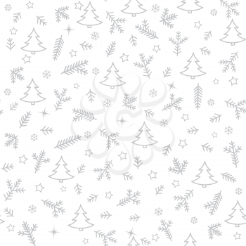 Christmas Icons Seamless Pattern with New Year Tree, Snow and Stars. Happy Winter Holiday Wallpaper with Nature Decor elements. Fir Tree branch and snowflakes tiled background design