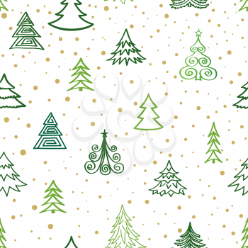 Christmas winter forest snow seamless pattern with holiday icons and New Year Tree, Snow. Happy Winter Holiday Snowfall Wallpaper with Nature Decor elements. Fir Tree branch and snowflakes