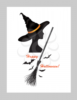 Halloween holiday greeting card with lettering Happy Halloween and witch woman profile in hat and bats silhouettes over white background
