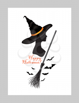 Halloween holiday greeting card with lettering Happy Halloween and witch woman portrait in hat and bats silhouettes over white background