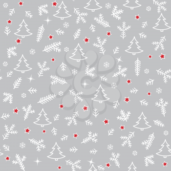 Christmas Icons Seamless Pattern with New Year Tree, Snow and Stars. Happy Winter Holiday Wallpaper with Nature Decor elements. Fir Tree branch and snowflakes tiled background design